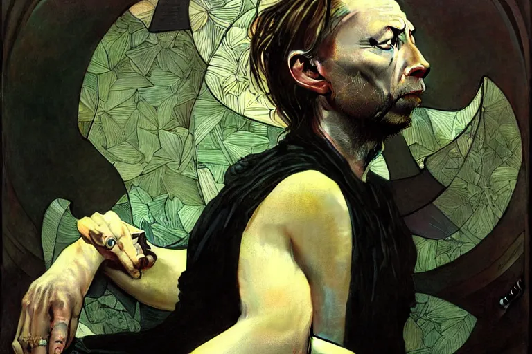 Prompt: hyper realistic portrait of thom yorke singer songwriter, side, liminal space, by lee bermejo, alphonse mucha and greg rutkowski