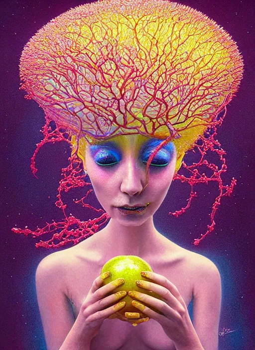 Image similar to hyper detailed 3d render like a chiariscuro Oil painting - Aurora (Singer) looking adorable and seen in dynamic pose joyfully Eating of the Strangling network of yellowcake aerochrome and milky Fruit and Her delicate Hands hold of gossamer polyp blossoms bring iridescent fungal flowers whose spores black the foolish stars to her smirking mouth by Jacek Yerka, Mariusz Lewandowski, Houdini algorithmic generative render, Abstract brush strokes, Masterpiece, Edward Hopper and James Gilleard, Zdzislaw Beksinski, Mark Ryden, Wolfgang Lettl, hints of Yayoi Kasuma, octane render, 8k