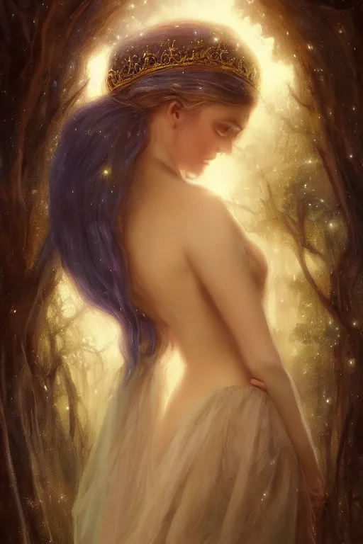 Image similar to Nocturne, glowing, stars, beautiful sly fae bohemian girl, long blonde hair, tiara, medieval gown, highly detailed, mysterious, ethereal, sigils, haute couture, illustration, dramatic lighting, soft details, painting, by Edmund Blair Leighton, Brom, Charlie Bowater, trending on artstation, faces by otto schmidt