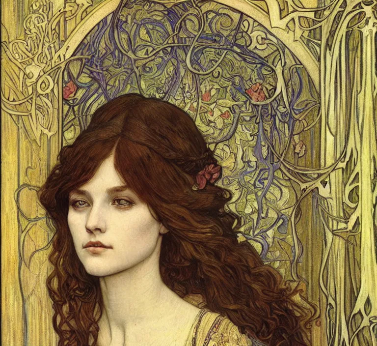 Image similar to detailed realistic beautiful young medieval queen face portrait by jean delville, alphonse mucha, vincent van gogh, and marco mazzoni, art nouveau, symbolist, visionary, gothic, pre - raphaelite