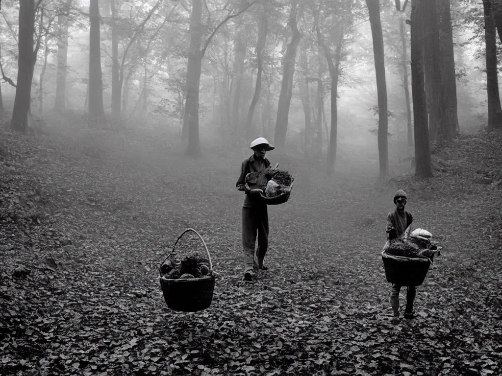 Prompt: Black and white 35mm film photograph of an impoverished young mushroom forager carrying a basket of mushrooms in a forest blanketed with fog. Deep shadows and highlights and sunflair. Wide shot. bokehlicious. historical archive photo. Pennsylvania, 1924.