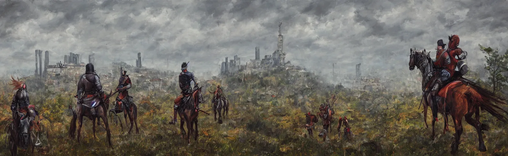 Prompt: horseback knights at scenic overlook; cloudy, grey skies, walled fortress city deteriorating office buildings in background hill; forest; la Bastille, post apocalyptic, grungy; oil on canvas, artstation, colorful