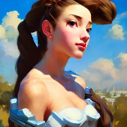 Image similar to Greg Manchess portrait painting o Aerith Gainsborough as Overwatch character, medium shot, asymmetrical, profile picture, Organic Painting, sunny day, Matte Painting, bold shapes, hard edges, street art, trending on artstation, by Huang Guangjian and Gil Elvgren and Sachin Teng