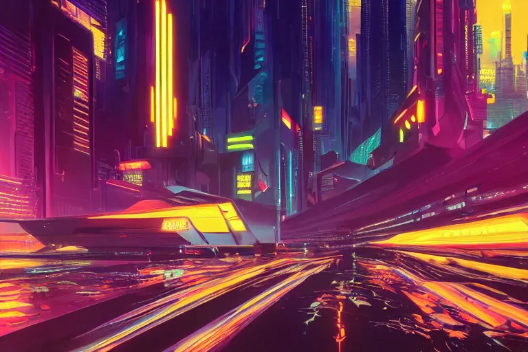 Image similar to neon night in futuristic city, painting by syd mead, highly detailed, soft lighting, 8 k resolution, oil on canvas, architectural magazine, beautiful detailed, insanely intricate details, artstation trending