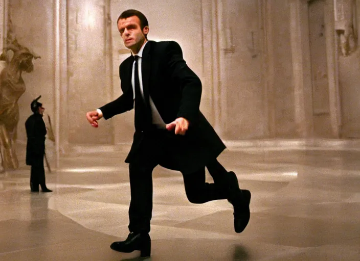 Prompt: hyper realistic, production still of emmanuel macron playing neo in matrix ( 1 9 9 9 ), 4 k, highly detailed, anamorphic