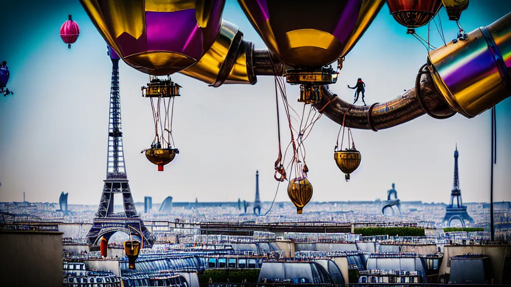 Prompt: large colorful futuristic space age metallic steampunk steam - powered balloons with pipework and electrical wiring around the outside, and people on rope swings underneath, flying high over the beautiful paris city landscape, professional photography, 8 0 mm telephoto lens, realistic, detailed, photorealistic, photojournalism