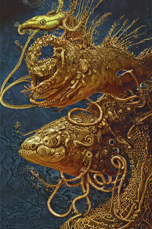 Image similar to steampunk axolotl tentacle fish, masterpiece, intricate, elegant, highly detailed, digital painting, smooth, sharp focus, illustration, art by james gurney, graeme base, brian froud, alan lee