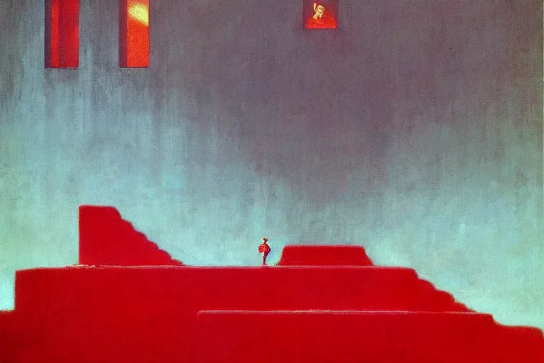 Image similar to only with red, a red melted emperor, taormina amphitheatre, crowd hails him, in the style of beksinski, parts by edward hopper, parts by rodcenko, parts by yue minjun, intricate and epic composition, red by caravaggio, insanely quality, highly detailed, masterpiece, red light, artstation, 4 k