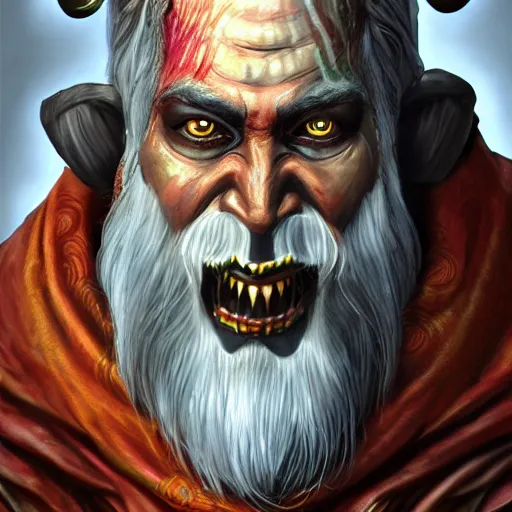 Image similar to bright, colorful, realistic, detailed from Elder Scrolls: Shivering isles concept art of The Mad God Sheogorath with a madsmile, Caucasian skin, combed white beard and combed white hair backlighting, kodachrome, high contrast, highly detailed, sharp focus, digital painting, concept art, illustration, trending on artstation, comic book by Alex Ross and Adam Adamowicz cover art