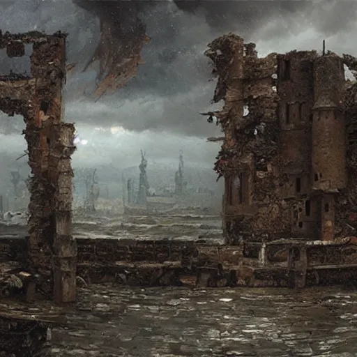Image similar to Panorama view at broken parts of a castle that are caught in a hurricane, oil painting, by Greg Rutkowski