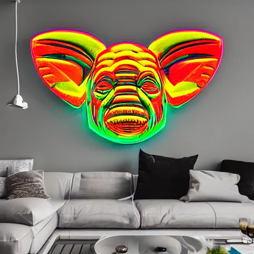 Image similar to a neon elephant yoda, placed in a large living room, art designers magazine HD photo superrealism 3d 8k resolution