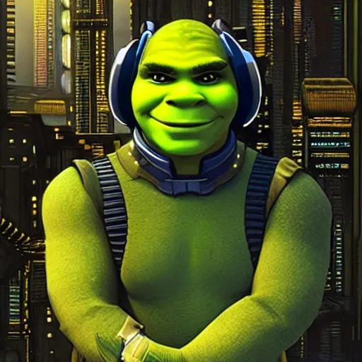 Image similar to Cyber punk shrek, dystopian, realistic, existential