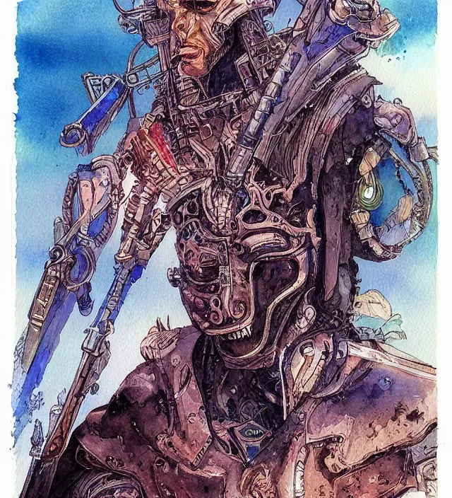 Prompt: a watercolor ink painting of a cyberpunk god of warfare and battle in the style of jean giraud in the style of moebius trending on artstation deviantart pinterest detailed realistic hd 8 k high resolution