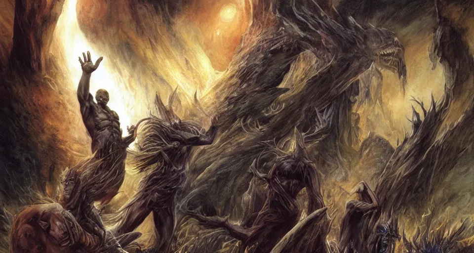 Prompt: concept art of the supernal realm'the primal wild'from the modern supernatural arcane magical thriller tabletop rpg'mage : the awakening ', by david mattingly and alan lee and michael whelan and michael william kaluta and francisco goya. realistic 8 k matte painting with photorealistic hd lighting.