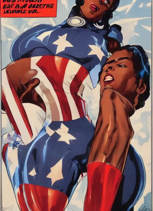 Image similar to beautiful black female captain america. afro - feminist captain america wins wwii. american wwii propaganda poster by james gurney, rob liefeld and pixar. gorgeous face. overwatch, realistic. black power