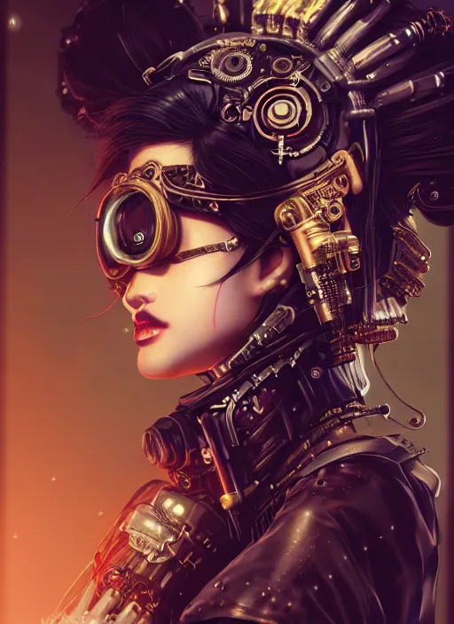 Image similar to soft lustrous ebony geisha seductive raver gutter punk steampunk cyborg, yakuza, golden ratio, details, scifi, fantasy, cyberpunk city, intricate, decadent, highly detailed, octane render, digital painting, artstation, concept art, sharp focus, illustration, art by artgerm, loish, wlop