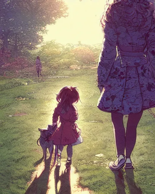 Image similar to a girl walking her small dog at the park, full shot, facing backwards, ambient lighting, detailed, art by ayami kojima, makoto shinkai, kilian eng