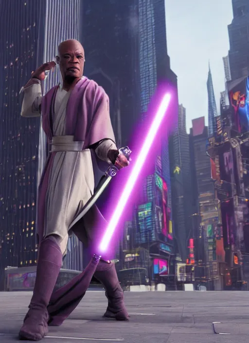 Image similar to An epic fantasy comic book style portrait painting of a young Mace Windu using the force to escape the police in Times Square, Star Wars, Unreal 5, DAZ, hyperrealistic, octane render, cosplay, RPG portrait, dynamic lighting