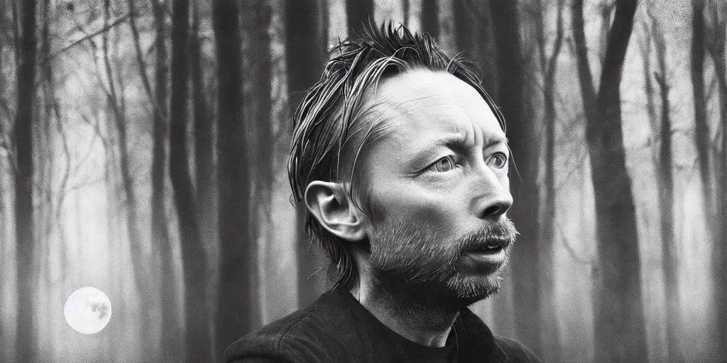 Image similar to beautiful photographs of prints of thom yorke pictures on a table, hyper realistic, variations of thom yorke holding a stick, right side profile, forest, water, moon, very wide angle high quality photograph, mixed styles, intricate details, diverse colors, deep emotional impact