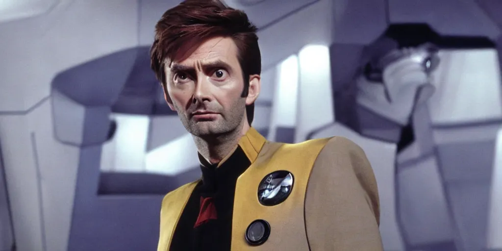 Image similar to David Tennant as Doctor Who, in Starfleet uniform, in the role of Captain Kirk in a scene from Star Trek the original series