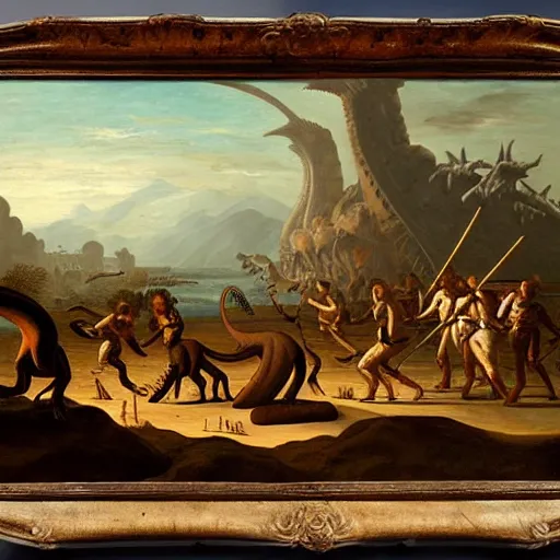 Image similar to A painting of a dinosaur fighting with serval cavemen armed with spears, coarse canvas, visible brushstrokes, painting by Jan van Goyen