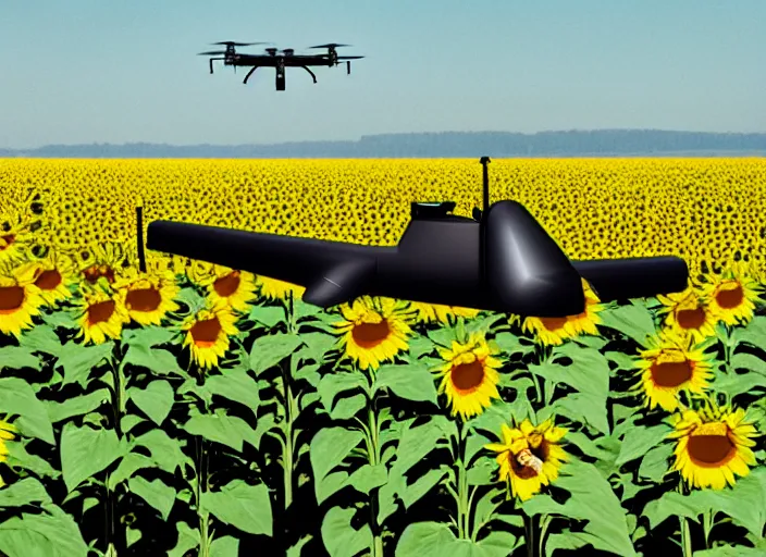 Prompt: Propaganda Poster of an American Military UAV in a sunflower field.