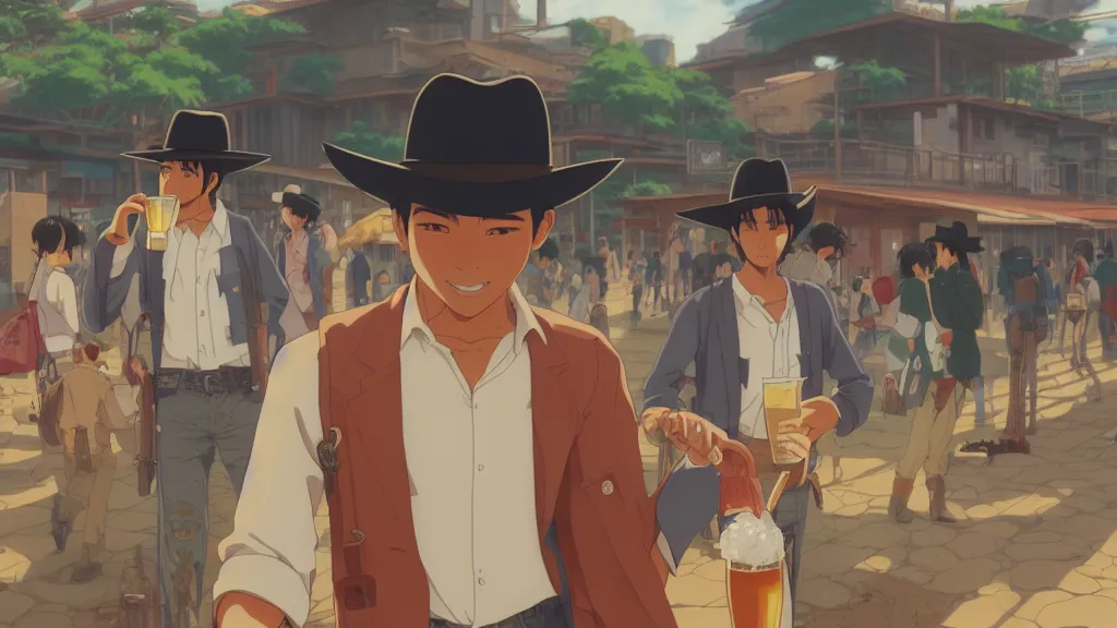 Image similar to anime illustration of illustration of a mexican man,, with one small, dirt, wild west, with hat, drinking a beer at train station, by makoto shinkai, ilya kuvshinov, lois van baarle, rossdraws, basquiat, studio ghibli, global illumination ray tracing hdr