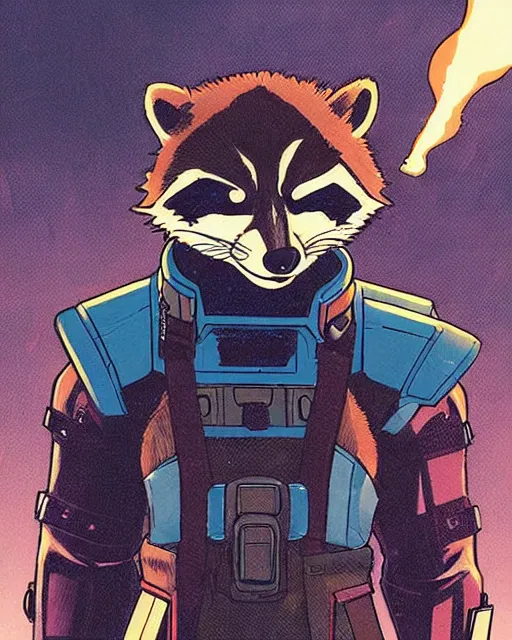 Prompt: a close up portrait of rocket raccoon, weapon on a ready looking determined overlooking a cyberpunk city in the background, full face portrait composition, 2D drawing by Mike Mignola, Yoji Shinkawa, flat colors, chiaroscuro