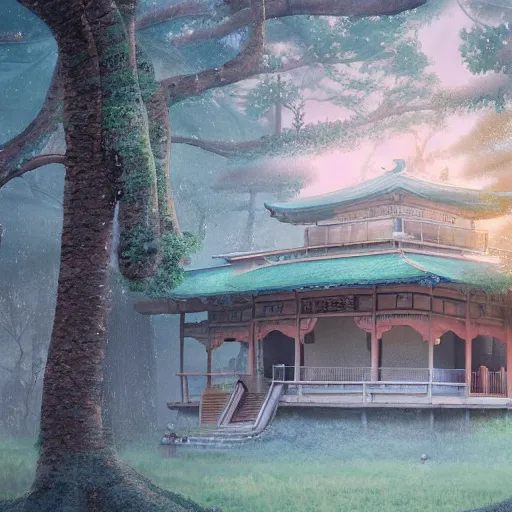 Image similar to a detailed watercolor and matte painting of a japanese tea house surrounded by trees, by Mike Winkelmann, cgsociety, fantasy art