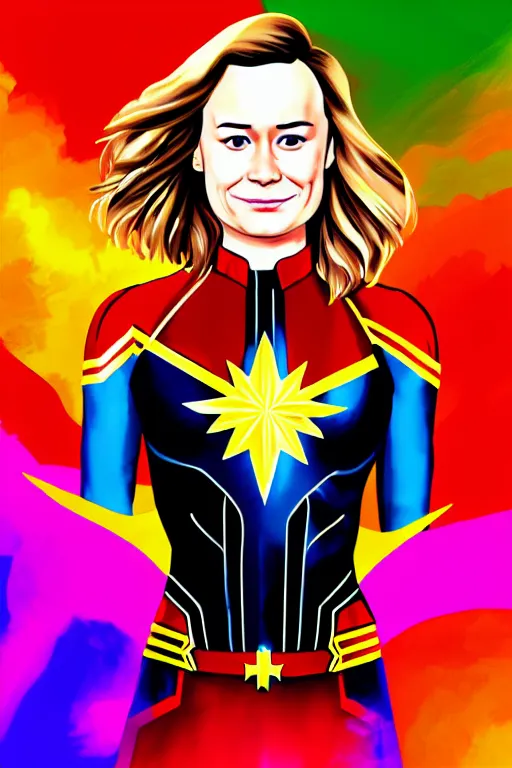 Image similar to Brie Larson as Captain Marvel high quality digital painting in the style of Lisa Frank