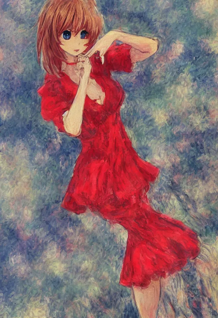 Image similar to medium shot portrait, a cute red outfit, tokyo anime scener, very anime in impressionist style, anime trending artwork, anime painter studio, by claude monet