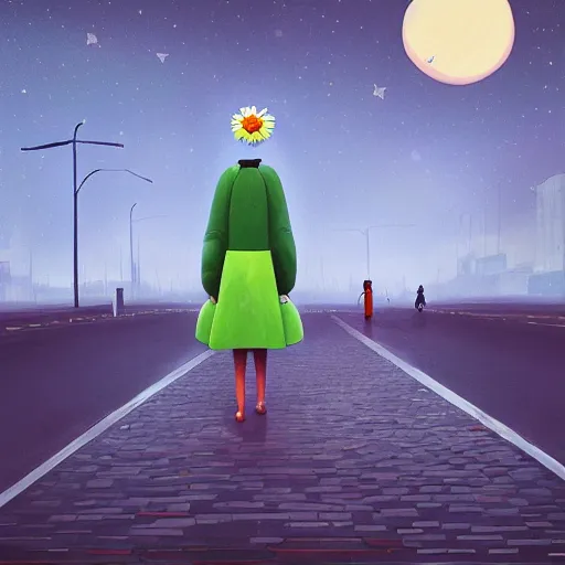 Image similar to giant daisy flower head, woman walking in a modern city, surreal photography, night sky, dark, stars, impressionist painting, digital painting, artstation, simon stalenhag