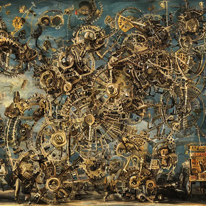 Prompt: grotesque painting showing humanity throwing itself upon the gears of the capitalist death machine