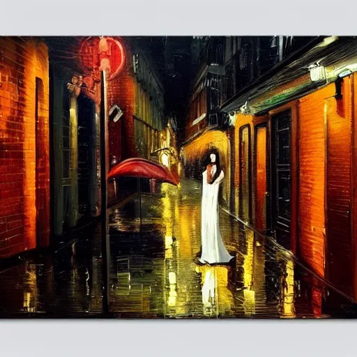 Image similar to wide angle painting of a beautiful woman in a drizzly night city street scene. beautiful use of light and shadow to create a sense of depth and movement. uses a limited color palette, providing a distinctive look.