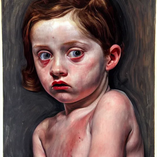 Prompt: high quality high detail painting by lucian freud, hd, young pale girl staring intensely, big eyes, alizarin crimson and black, photorealistic lighting
