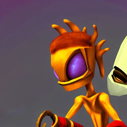 Prompt: crypto from destroy all humans as a jak and daxter character, jak and daxter screenshot, digital art, ps 2