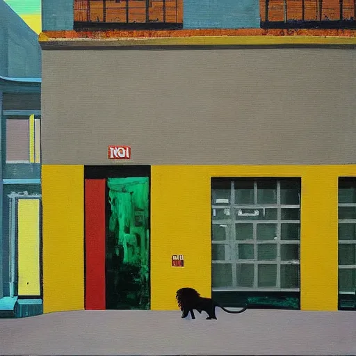 Image similar to “a painting in the style of peter doig, of a yellow lion standing at the corner of a street in front of a yellow industrial building with green doors, very coherent ” W 832