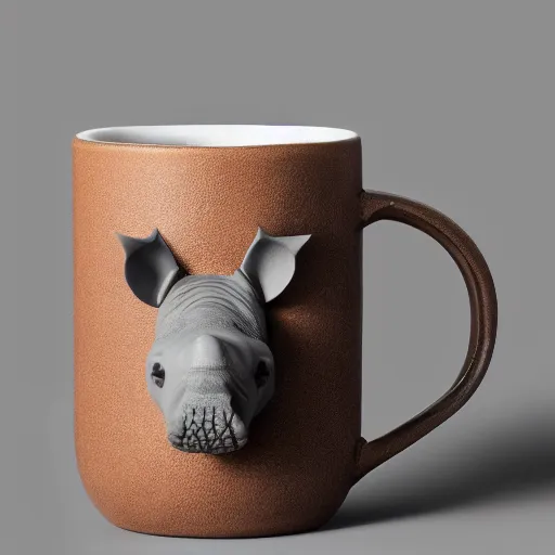 Image similar to a mug with shape of a rhino head, high quality product photography