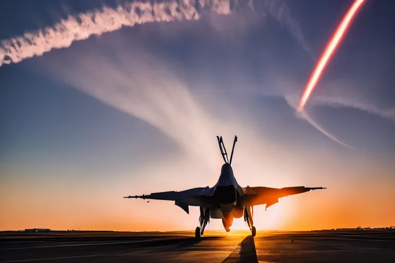 Image similar to photo of an f16 fighter jet in fligh, launching missles, sunset lighting, photography