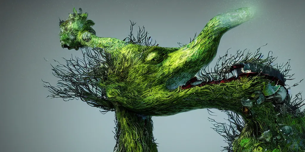 Prompt: a bird turtle giraffe mushroom jelly machine hybrid creature monster with metal scales feathers fur moss spines knobs, rich diverse lush alien world, fantasy, science fiction, dramatic lighting, in the style of national geographic, ken barthelmey, patrick woodroffe, illustration, octane render