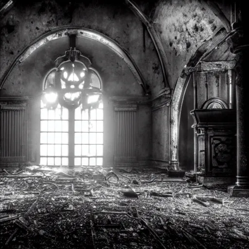 Prompt: black and white photo by karl gustav rodde of a haunted pipe organ in an abandoned warehouse, dirty, hazy, depressing, haunted