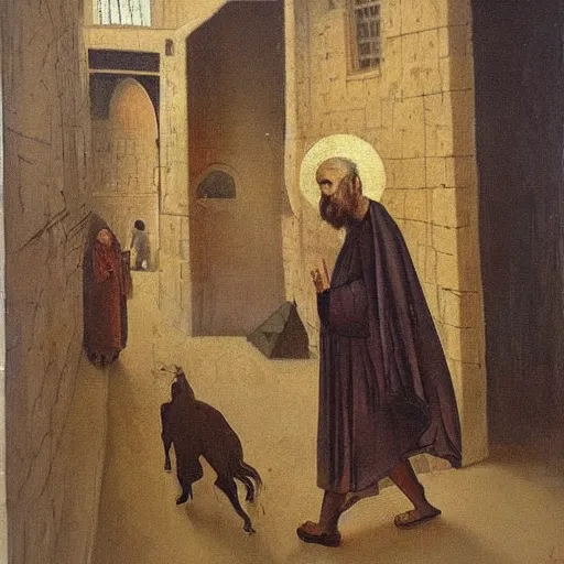 Prompt: painting by remus grecu, i dreamed i saw saint augustine striding through the quarters in the utmost misery, with a blanket underneath his arm, and a coat of solid gold