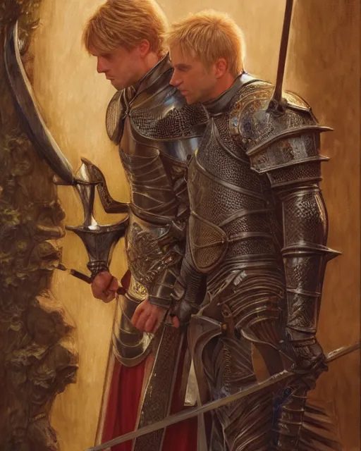 Image similar to attractive arthur pendragon confesses his love to his attractive male knight, they are close to each other, in a quiet moment highly detailed, very intricate, cinematic lighting, by donato giancola and rossdraws and magali villenueve, featured on artstation