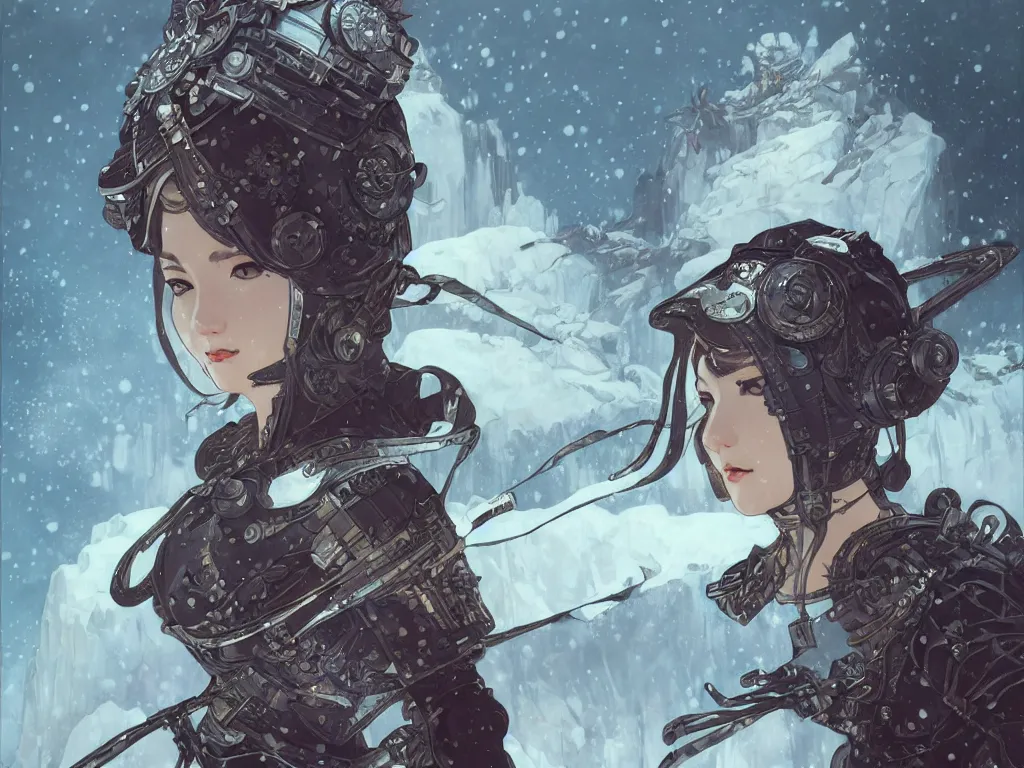 Image similar to portrait ninja gaiden girl, armored dieselpunk wardrobe, at snowy fuji mountain moonlight, ssci - fi and fantasy, intricate and very beautiful and elegant, highly detailed, digital painting, artstation, concept art, smooth and sharp focus, illustration, ( ( art by tian zi and wlop and alphonse mucha ) )