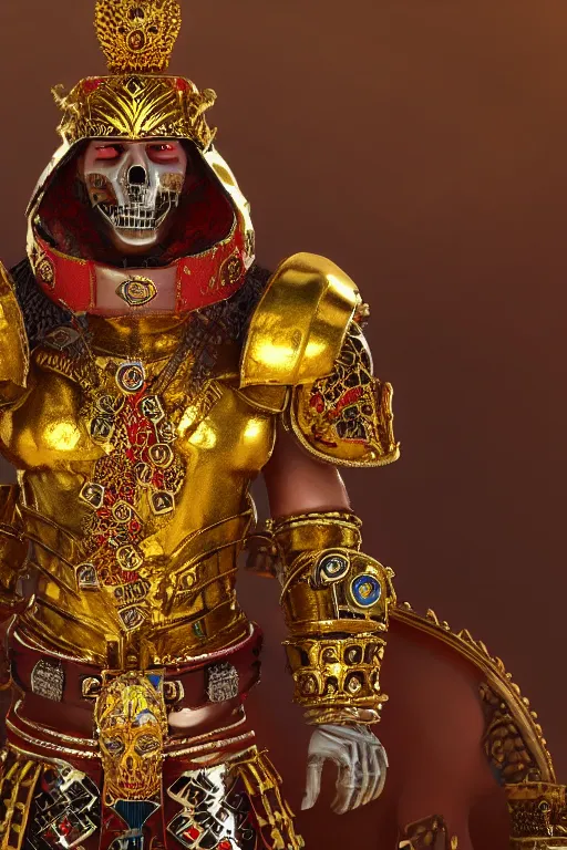 Prompt: Ancient Aztec warlord wearing Gold plated armor adorned with jewels in the shape of skulls, still photography, ray tracing, reflection, 3D Model, Unreal Engine 5, 4k Image