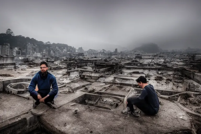 Image similar to Photo of a man sitting on the roof of a car in a sunken city in heavy rain., outdoor lighting, dynamic lighting, volumetric, wide angle, anamorphic lens, go pro, 4k