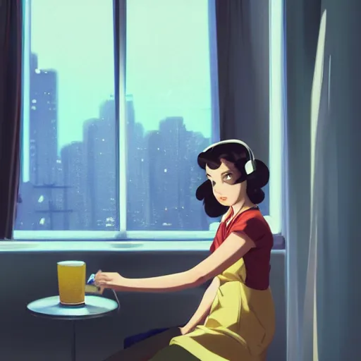 Image similar to portrait of a beautiful girl with dark hair that's styled in a 1940's fashion, dressed in a white t-shirt, sitting in an apartment alone at night, by window that overlooks futuristic city, nighttime, low-key neon lighting, 4k, HQ, official media, anime key visual, makoto shinkai, ilya kuvshinov, lois van baarle, rossdraws, detailed, trending on artstation