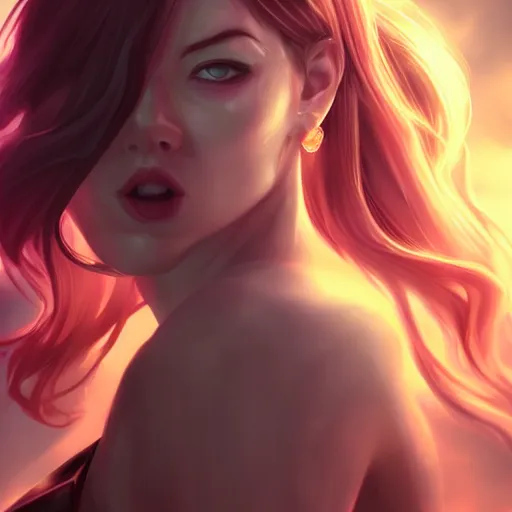 Image similar to emma stone portrait, arcane : league of legends, concept portrait, riot, game, detailed expression, high quality, cinematic lighting, fantasy, reflective, spotlight, digital artwork