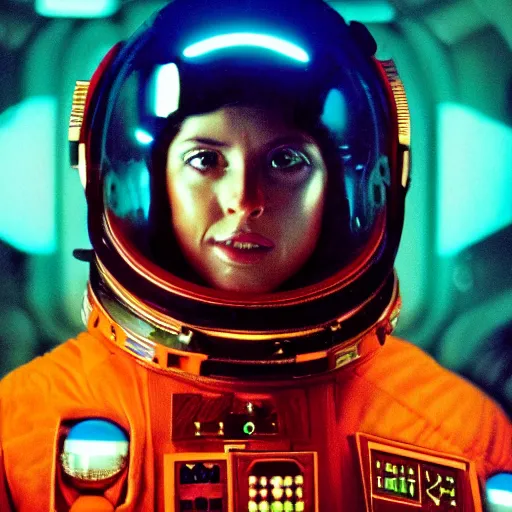 Image similar to stunning portrait of a space freighter pilot, photography, film still, Highly detailed, 1980s science fiction atmosphere, dark, teal and orange color grading,