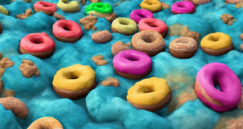 Image similar to storybook imagery. landscape photography of a turbulent donut ocean that is made up of a sea of giant donuts. claymation. diorama. digital art. colorful. render. 4 k. 8 k. trending. wallpaper.